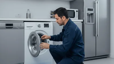 Técnico revisando una lavadora que no centrifuga en un taller de Medellín