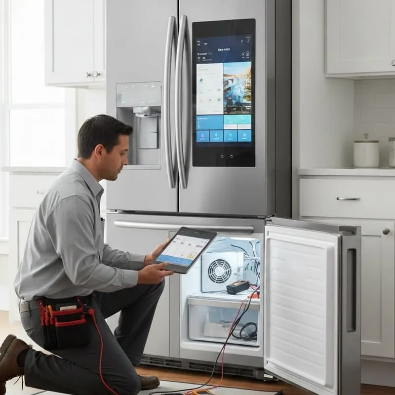 Reparación de nevecones en Medellín Técnico reparando un nevecón french door con panel digital en Medellín