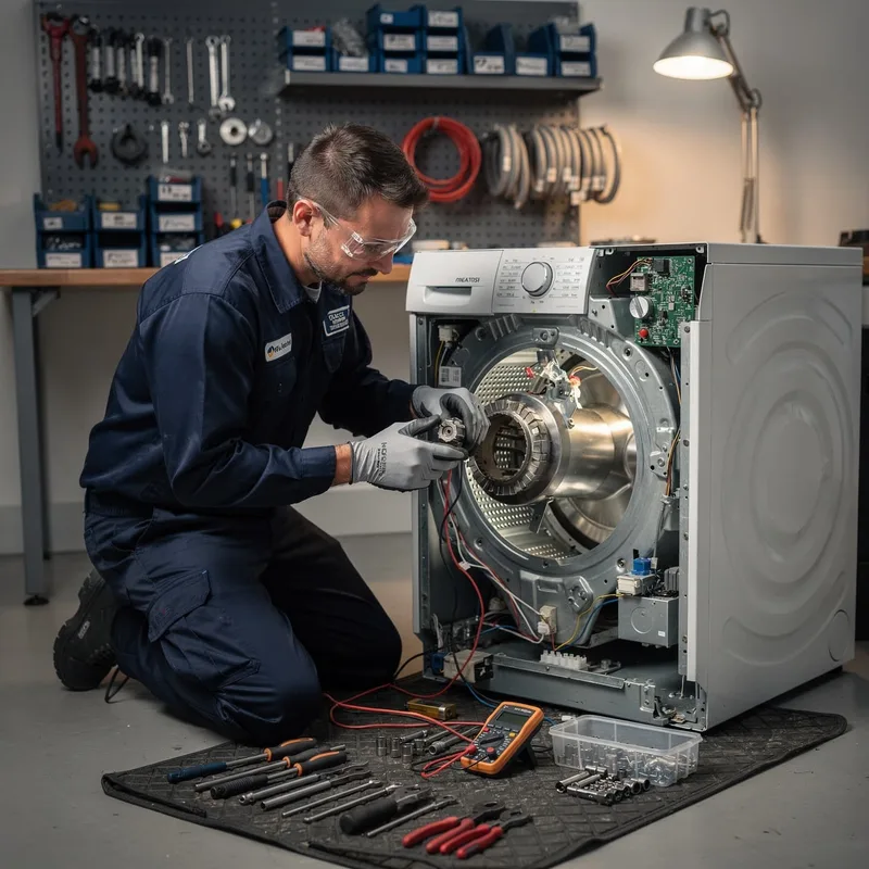 Técnico reparando el motor de una lavadora de carga frontal en Medellín